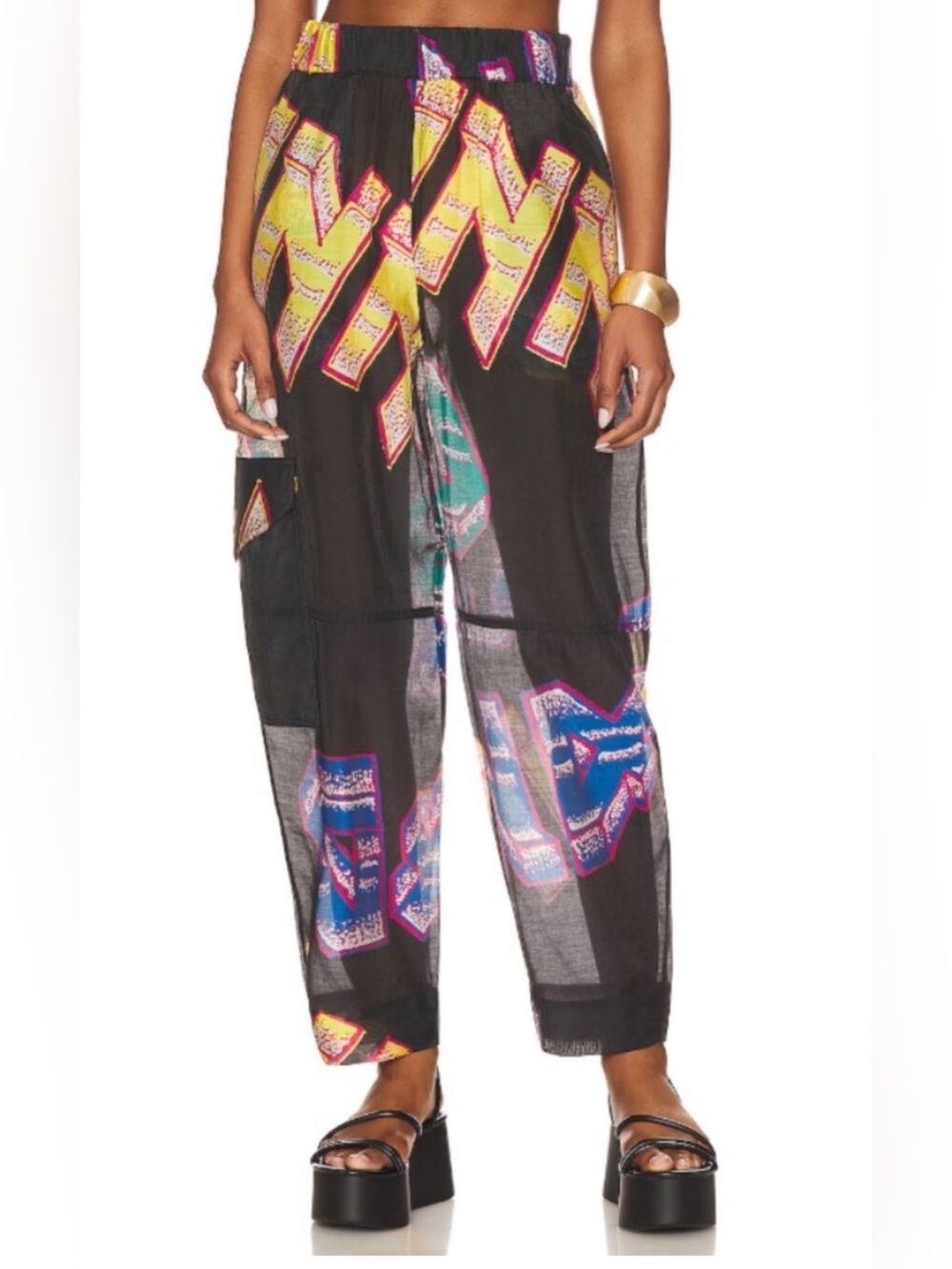 Ganni Black Sheer Wide-Leg Graphic Print Pants with Yellow & Blue Accents